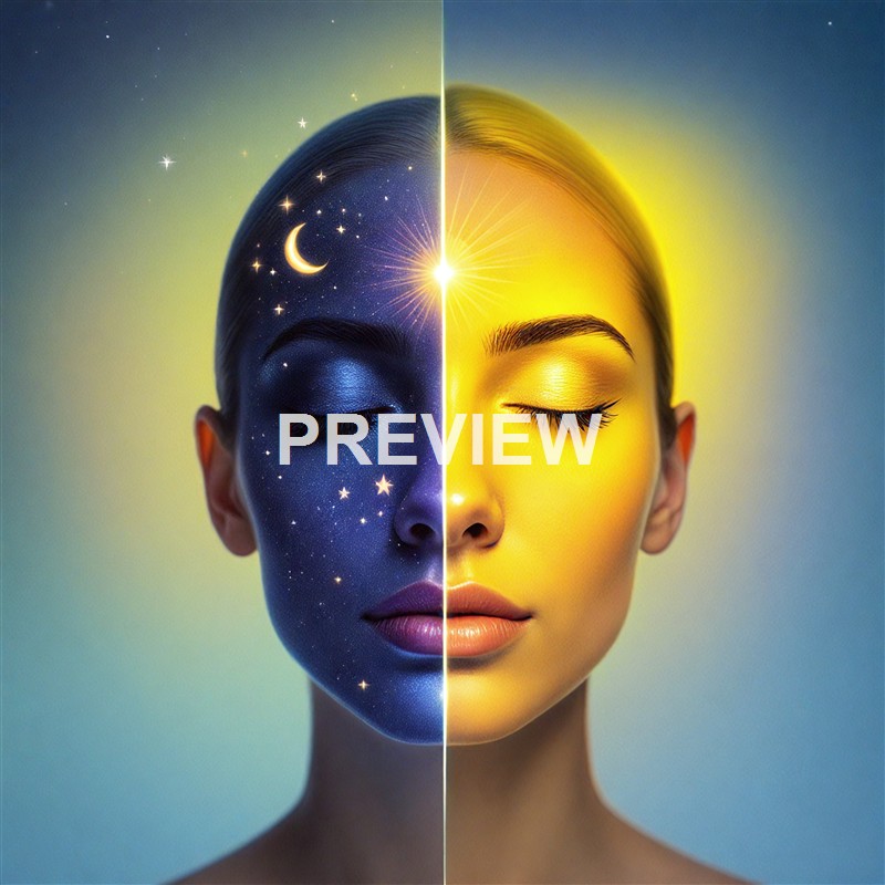 A woman's face is divided into two halves, with the left side painted dark blue with stars and a crescent moon, resembling a night sky, and the right side painted bright yellow with a glowing sun, symbolizing day.